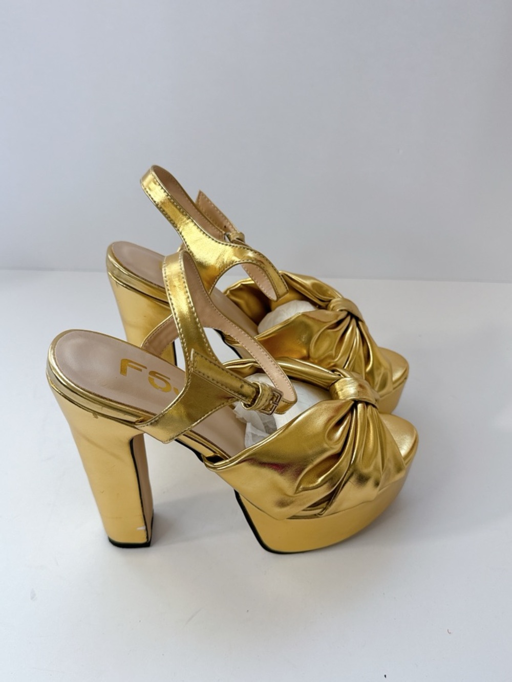 Size 7 FSJ Gold Bow Platform Heels Women’s Metallic Slingback Pumps Party Shoes - Picture 6 of 14